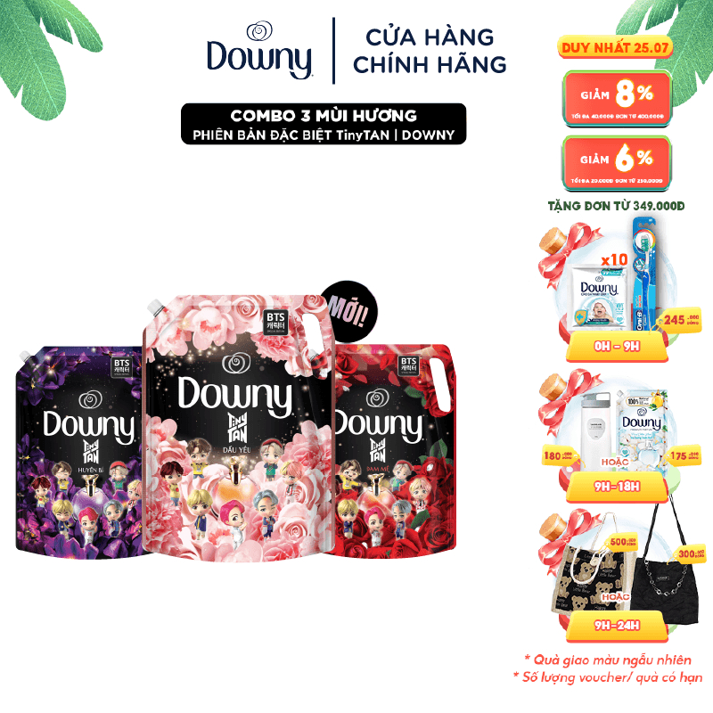 Combo 3 Túi Nước Xả Vải DOWNY Đậm Đặc Phiên Bản Đặc Biệt TinyTAN Túi 2L- Hương: Dấu Yêu & Huyền Bí & Đam Mê