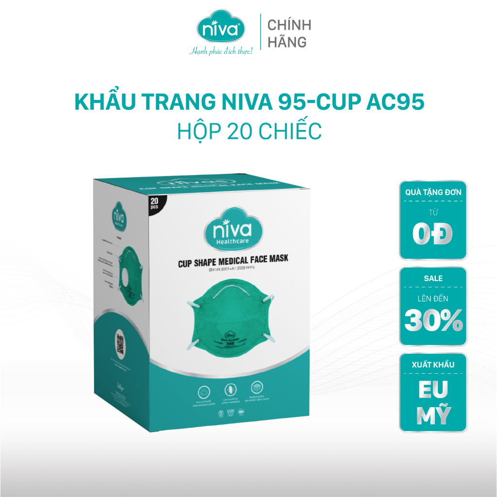 Khẩu Trang Niva N95 - Cup AC95 - 20pcs Ngăn Ngừa Vi Khuẩn, Virus Đạt Chuẩn FDA Hoa Kỳ, Hàng Chính Hãng Cao Cấp