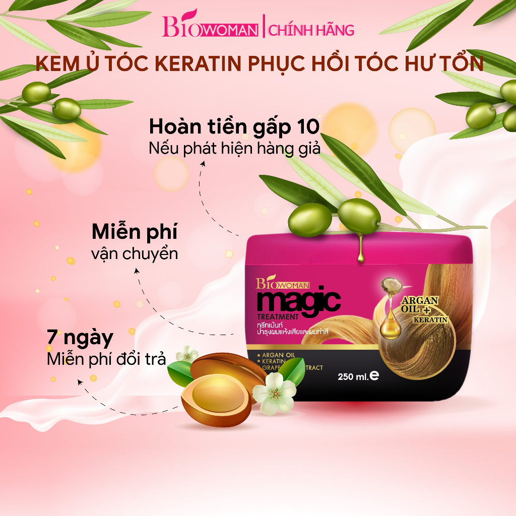 Kem ủ tóc Keratin Biowoman Magic Treatment dưỡng tóc phục hồi tóc hư tổn, làm mềm tóc và giảm gãy rụng 250ml