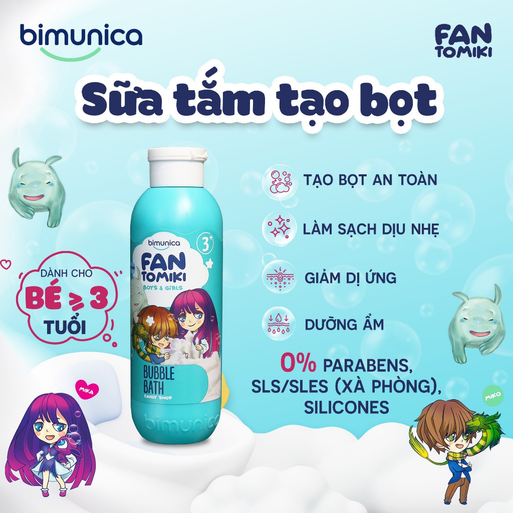 Sữa Tắm Tạo Bọt BIMUNICA Fantomiki Cho Bé từ 3 Tuổi - 250ml Không Cay Mắt, Làm Sạch, Làm Mềm Mịn