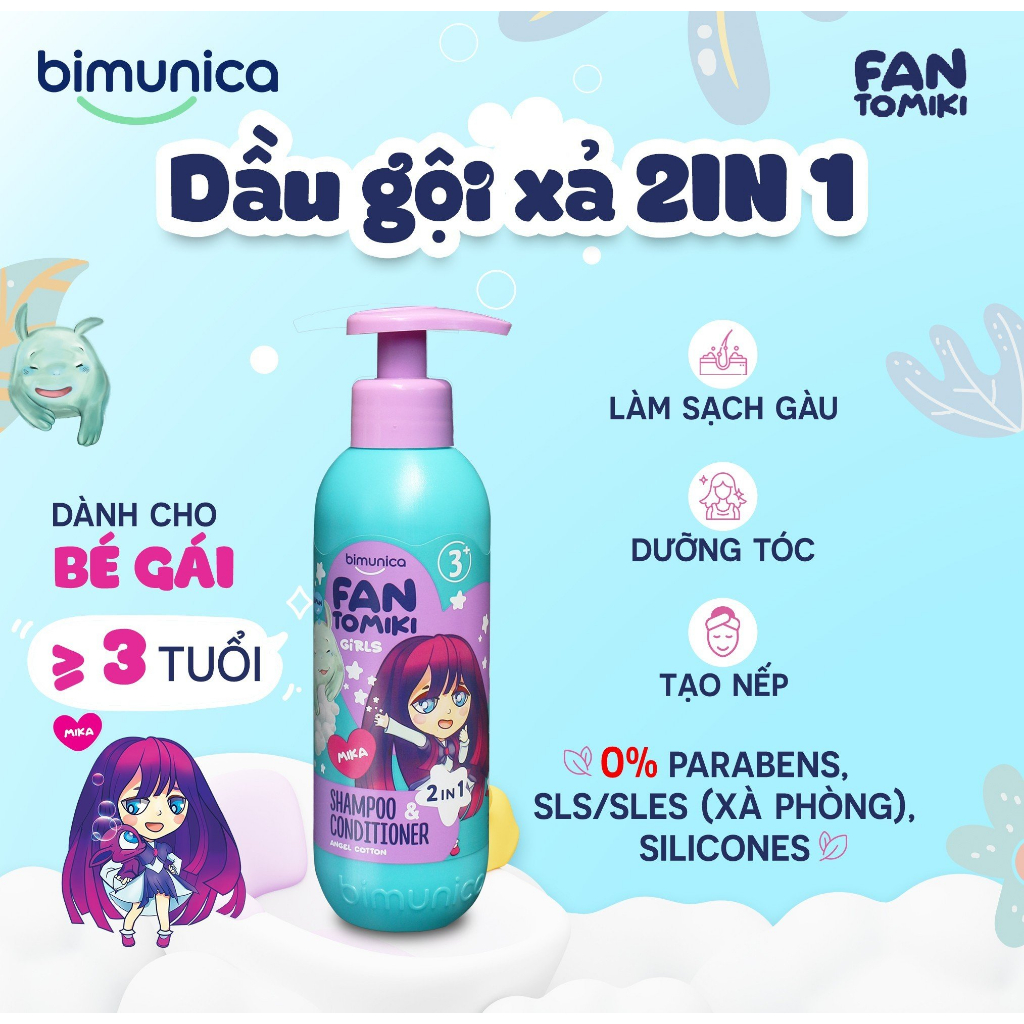 Dầu Gội Xả 2in1 BIMUNICA Fantomiki Cho Bé Gái từ 3 Tuổi - 250ml Không Cay Mắt, Làm Sạch, Mềm Mượt, Tạo Nếp