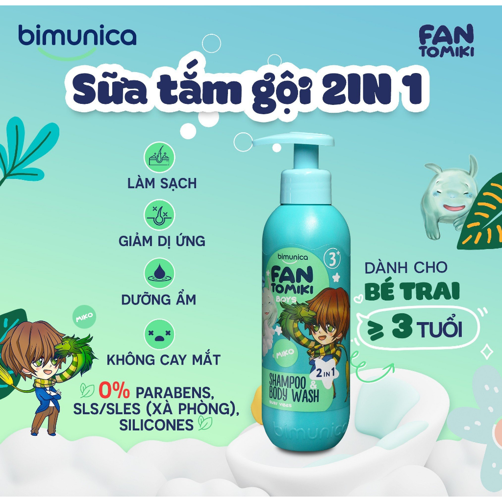 Sữa Tắm Gội 2in1 BIMUNICA Fantomiki Cho Bé Trai từ 3 Tuổi - 250ml Không Cay Mắt, Làm Sạch, Da Mềm Mịn