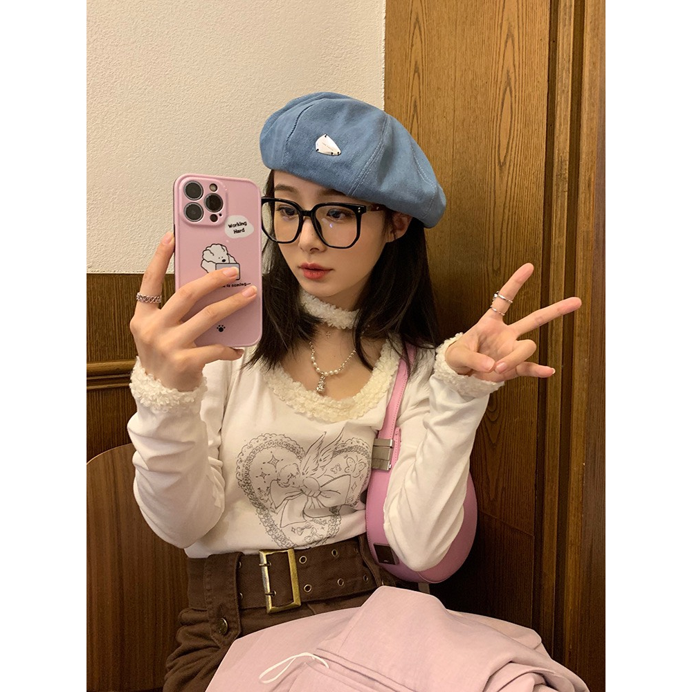 Mũ beret vải denim đính nhãn kim loại phong cách retro thời trang cho nữ