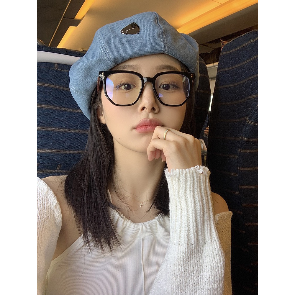Mũ beret vải denim đính nhãn kim loại phong cách retro thời trang cho nữ