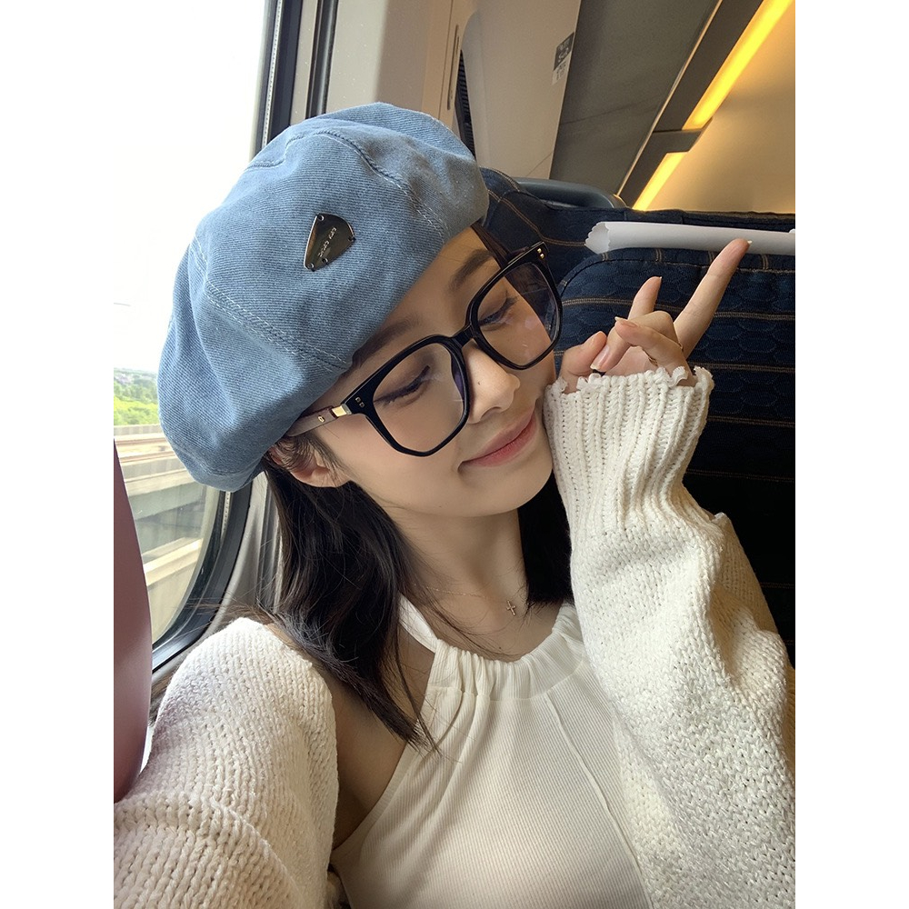 Mũ beret vải denim đính nhãn kim loại phong cách retro thời trang cho nữ