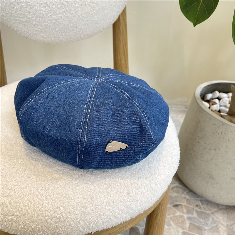 Mũ beret vải denim đính nhãn kim loại phong cách retro thời trang cho nữ