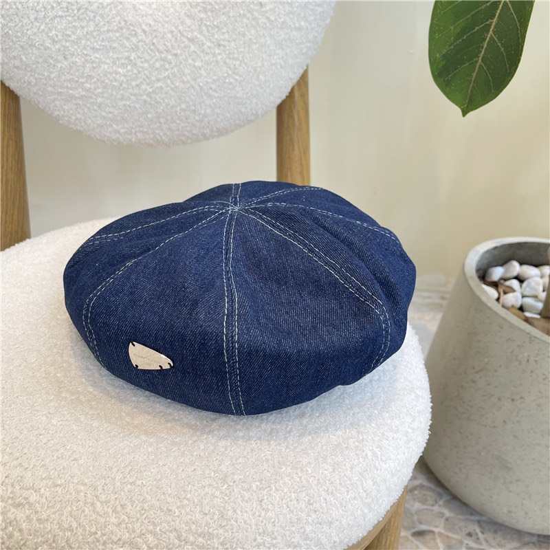 Mũ beret vải denim đính nhãn kim loại phong cách retro thời trang cho nữ