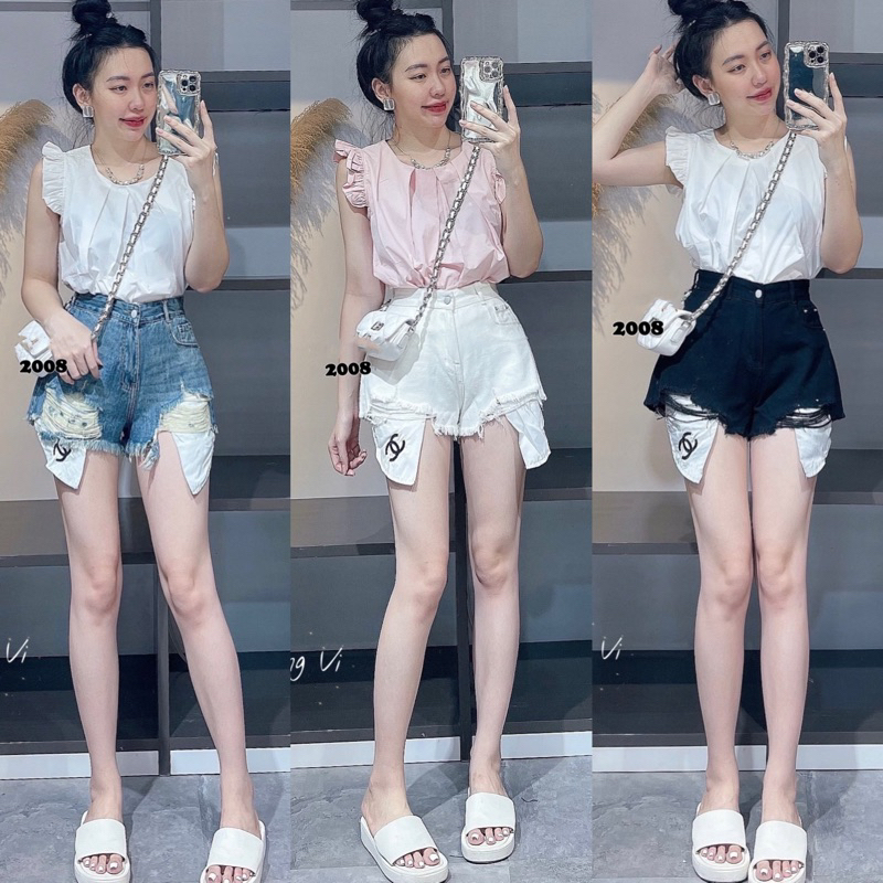 Quần Sooc Jeans Rách Lộ Túi Thêu X Siêu Hot