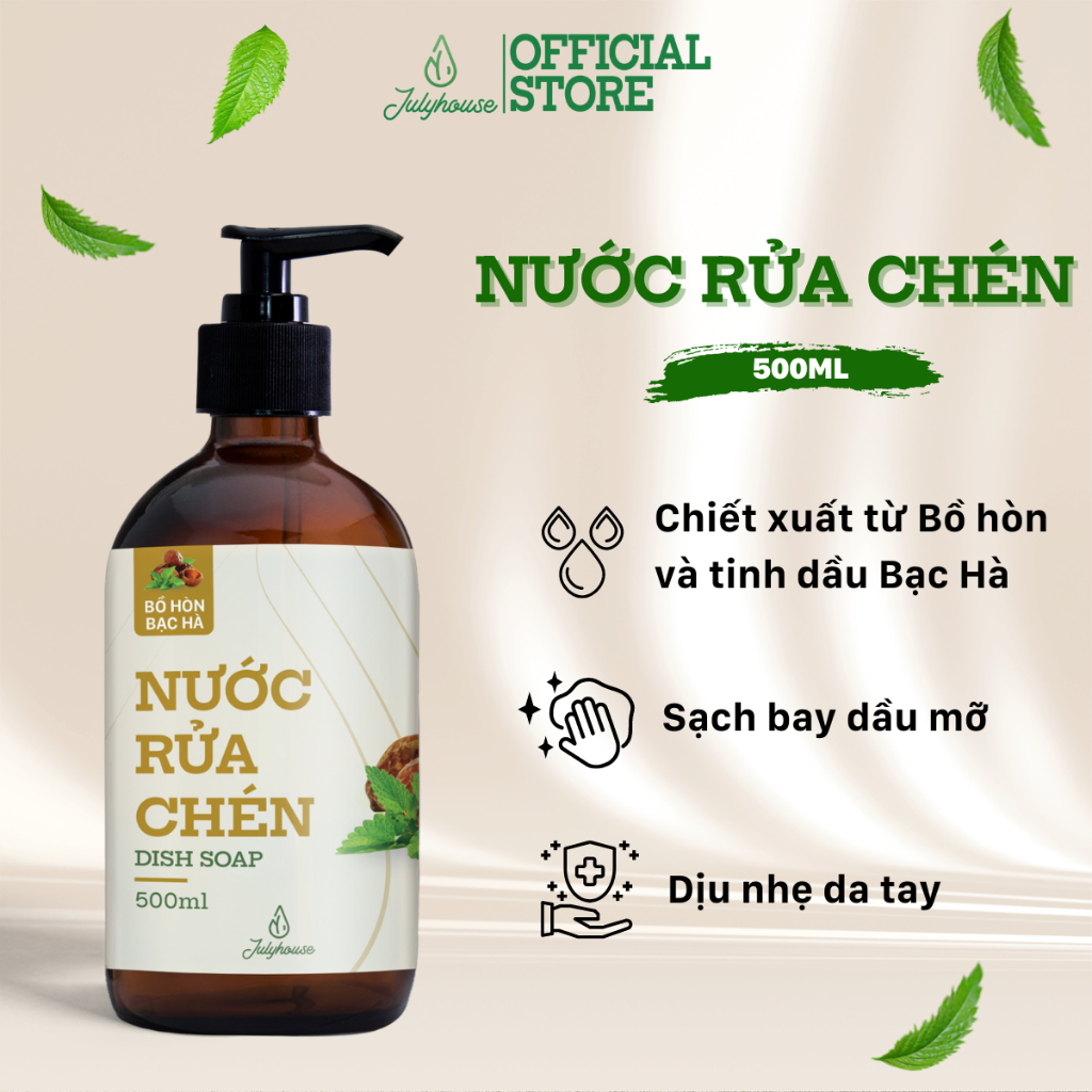 Nước rửa chén Julyhouse 500ml hữu cơ chiết xuất từ Bồ Hòn và tinh dầu Bạc hà khử mùi, an toàn lành tính