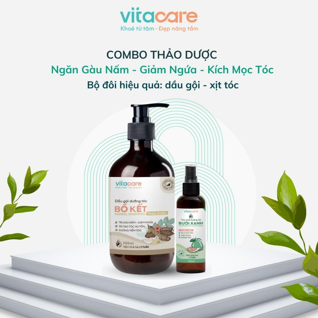 Combo Dầu Gội Bồ Kết Thảo Dược Vitacare - Dầu gội bồ kết sạch gàu, giảm ngứa + Dầu xả Dưỡng tóc + Xịt bưởi kích mọc tóc