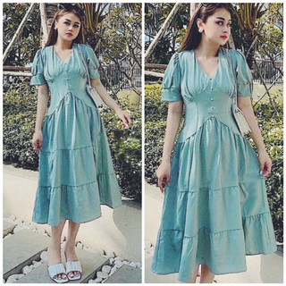 Đầm váy mint tầng cổ v nút ngọc