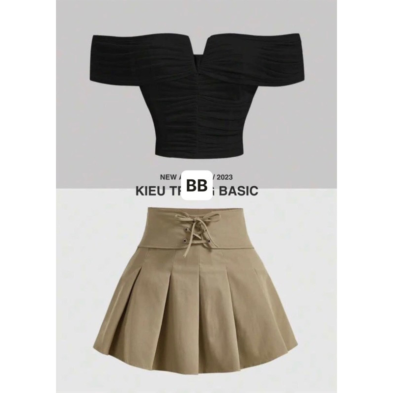 Set áo trễ vai chân váy kaki xếp ly trẻ trung sexy
