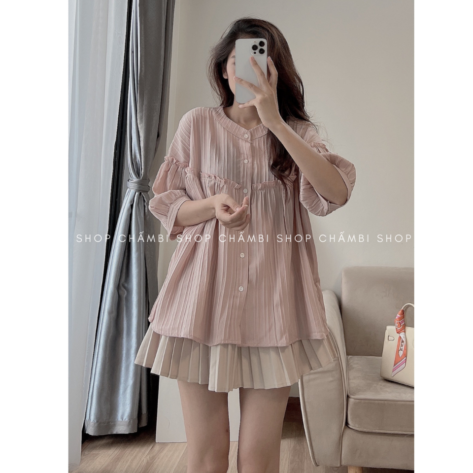 Áo sơ mi nữ A.503, Áo babydoll cổ tròn cộc tay đũi gân đơn giản dễ thương - Shop Chấm Bi | BigBuy360 - bigbuy360.vn