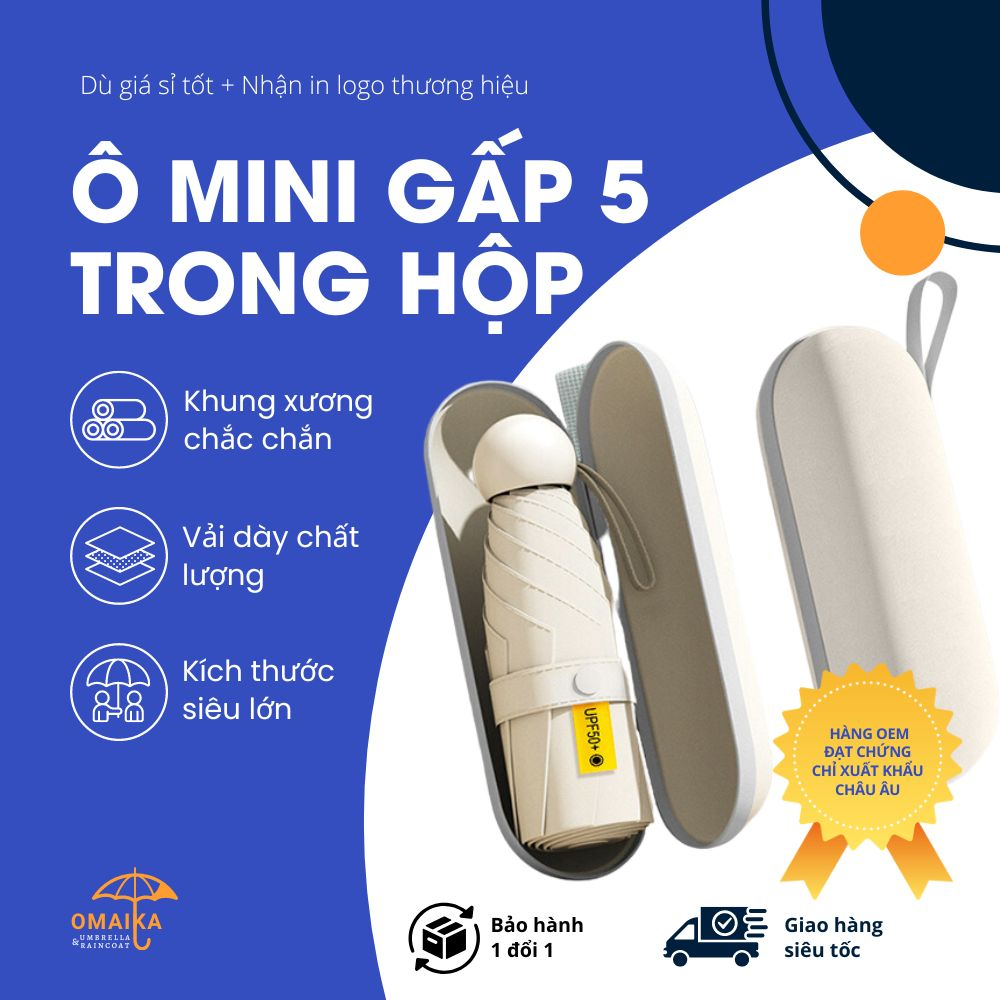 Ô Mini Bỏ Hộp Omaika Gấp 5 Bỏ Túi Dù Che Nắng Che Mưa Chống Tia UV 8 Nan Tự Động Dễ Thương Nhiều Màu Sắc