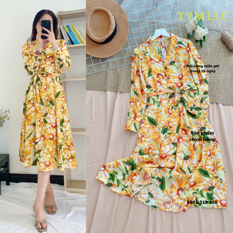 Đầm Midi Lụa Dài Tay Cổ Vest Dáng Xoè Hoạ Tiết Vàng TYMLIC
