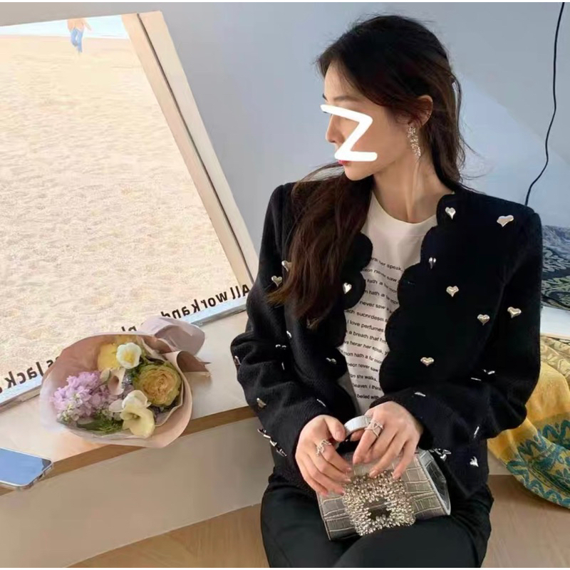 Áo Dạ Tweed Dáng Lửng Đính Kết Trái Tim Màu Đen Siêu Sang Chảnh Chuẩn Hàng Quảng Châu_ Hàng Order Kèm Ảnh Thật