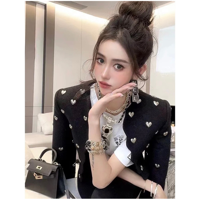 Áo Dạ Tweed Dáng Lửng Đính Kết Trái Tim Màu Đen Siêu Sang Chảnh Chuẩn Hàng Quảng Châu_ Hàng Order Kèm Ảnh Thật