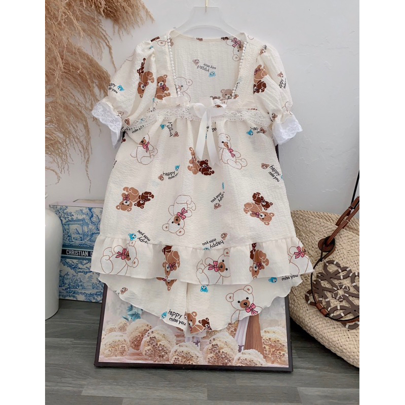 Bộ ngủ pyjama tiểu thư phối ren tay bồng chất xốp thái mát