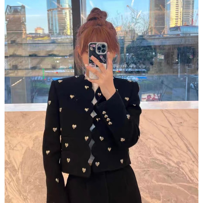 Áo Dạ Tweed Dáng Lửng Đính Kết Trái Tim Màu Đen Siêu Sang Chảnh Chuẩn Hàng Quảng Châu_ Hàng Order Kèm Ảnh Thật