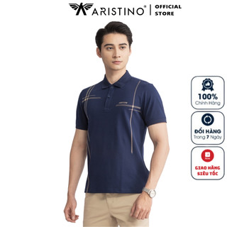 Áo thun polo nam ngắn tay có cổ bẻ ARISTINO APS044S3 màu xanh tím than 139 in dáng suông vừa vải cotton organic cao cấp