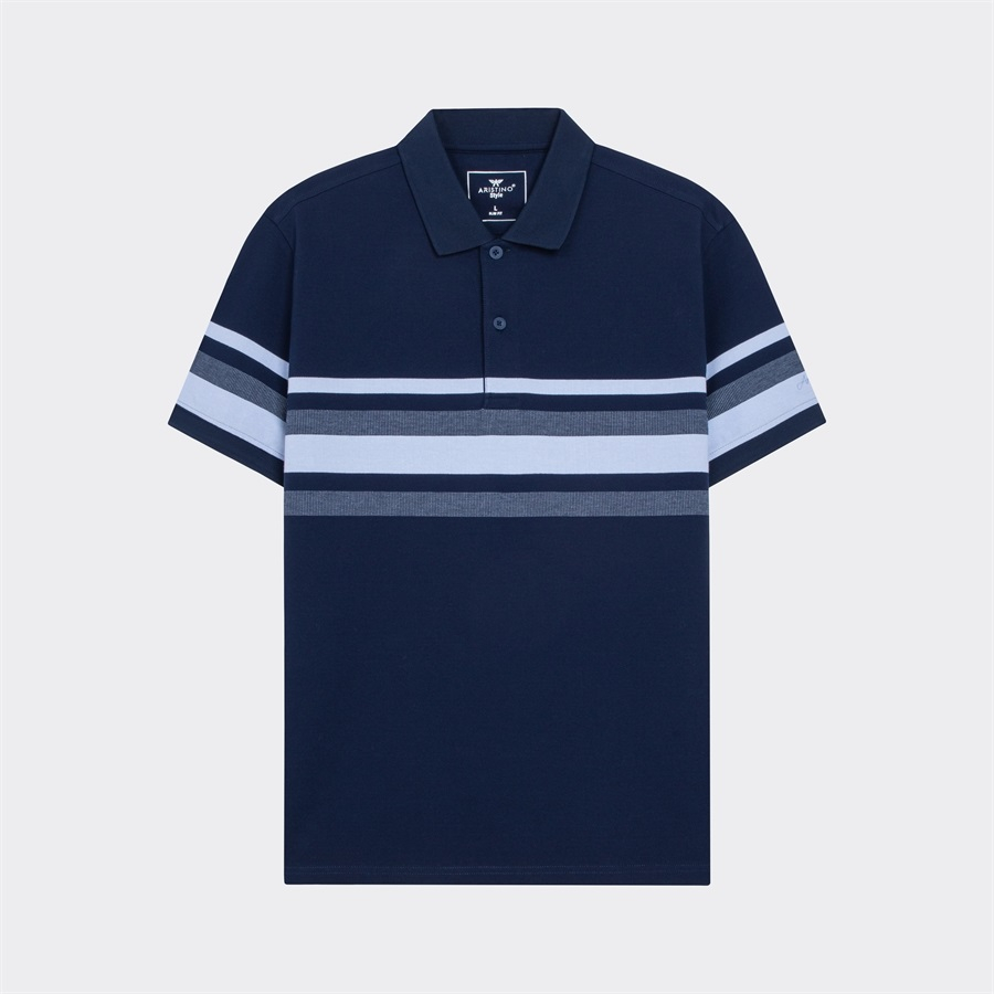 Áo thun polo nam Aristino APS016S3 ngắn tay cổ bẻ dáng slim fit ôm nhẹ màu xanh tím than 5 kẻ Jacquard vải cotton