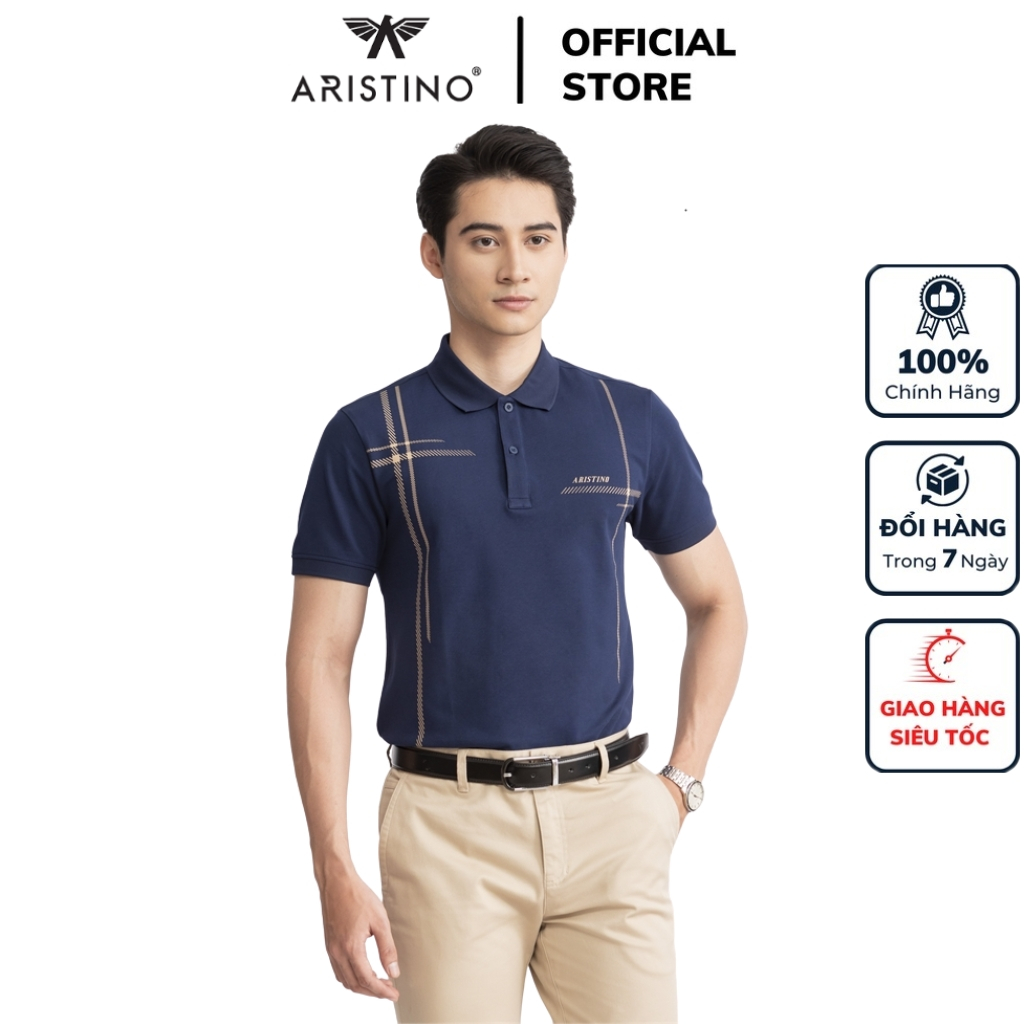 Áo thun polo nam Aristino APS044S3 ngắn tay cổ bẻ dáng suông vừa màu xanh tím than 139 in vải cotton organic cao cấp