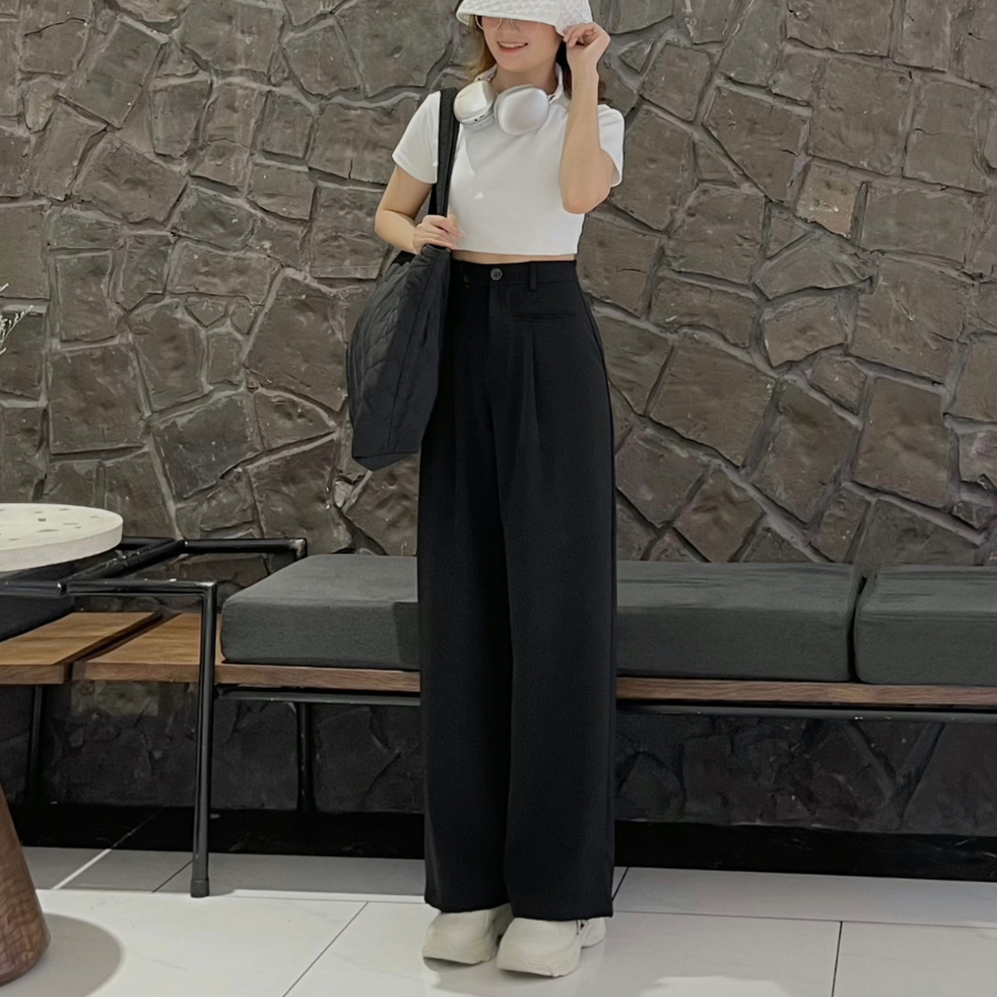 Quần ống suông nữ JEMCLOSET quần vải form rộng lưng cao hack dáng GUMM 2968