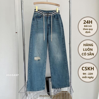 Quần jeans ống rộng lưng sọc đen trắng 668497