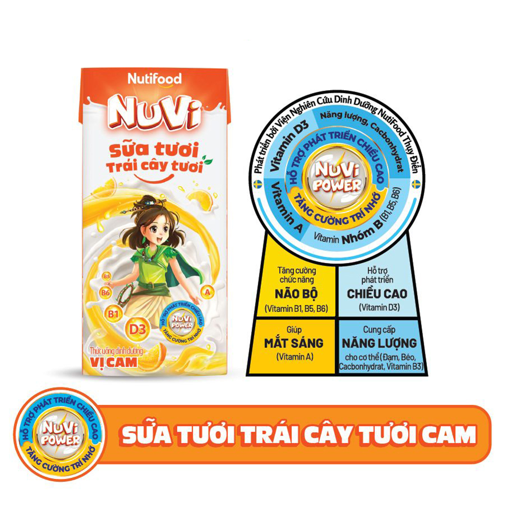 THÙNG 48 Hộp Sữa Lắc Trái Cây Hương Cam Nuvi 180ml Giúp Bé Phát Triển Trí Não, Chiều Cao Cho Bé