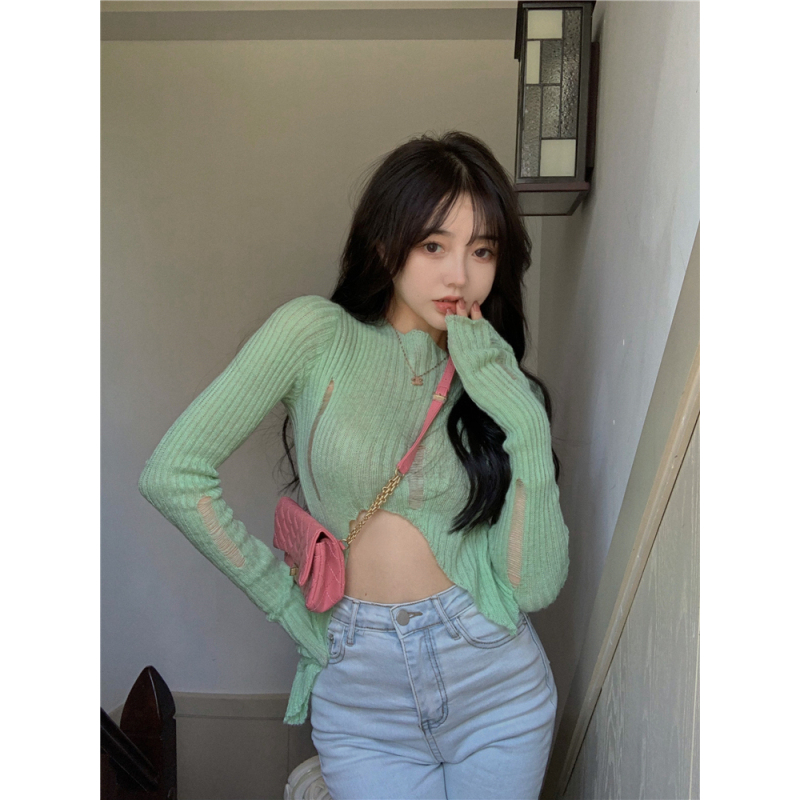 ZWQFP Áo dệt kim tay dài ngắn ôm sát cơ thể gợi cảm cho nữ