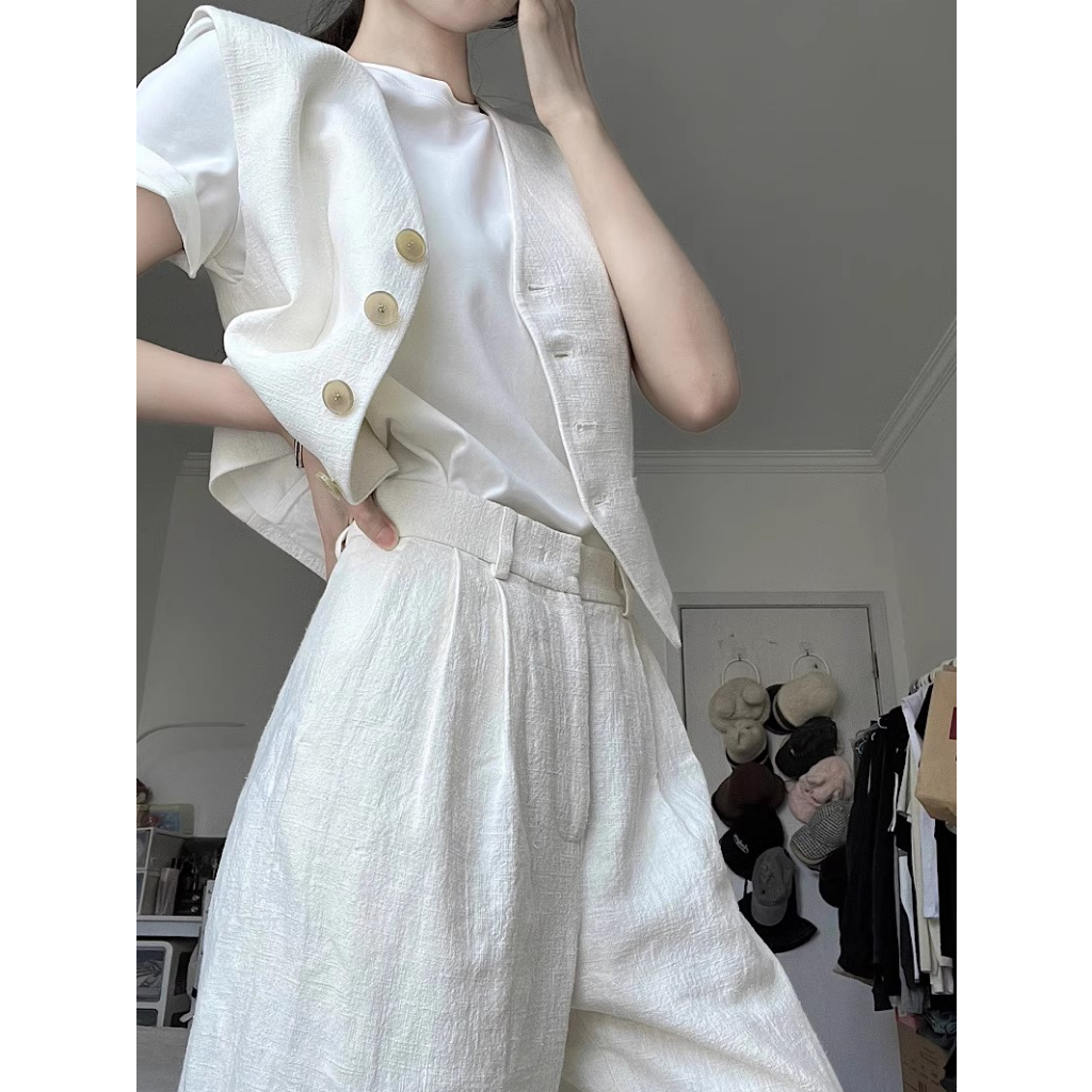 Set/Bộ 3 Món Gồm Áo Thun, Áo Gile Khoác Ngoài Kèm Quần Tây Ống Rộng Phong Cách Thanh Lịch - Sốp Nhỏ Order Taobao