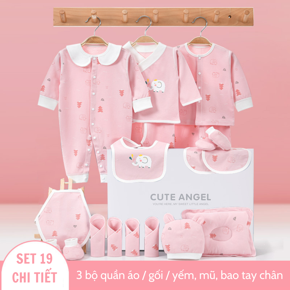 Set quà sơ sinh bé trai bé gái CUTE ANGEL Combo quần áo cho trẻ sơ sinh 0-3m, Hộp quà tặng sang trọng làm quà thôi nôi