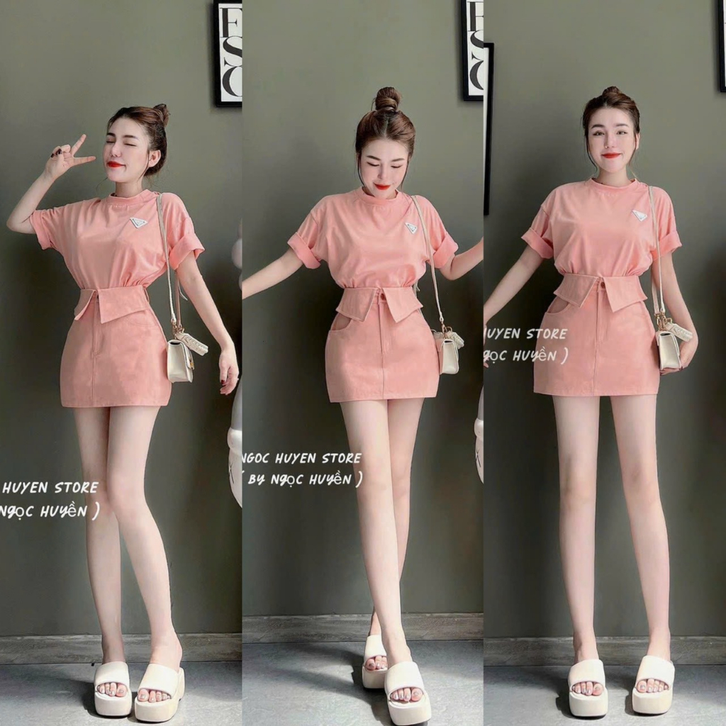 Sét bộ áo cotton cổ tròn tay ngắn mix chân váy kaki tôn dáng ( có lót quần ) xinh xắn trẻ trung đi chơi dự tiệc