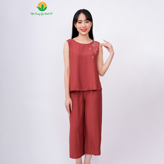 Bộ mặc nhà nữ chất Linen thời trang Việt Thắng, quần lửng, áo sát nách- B45.2305