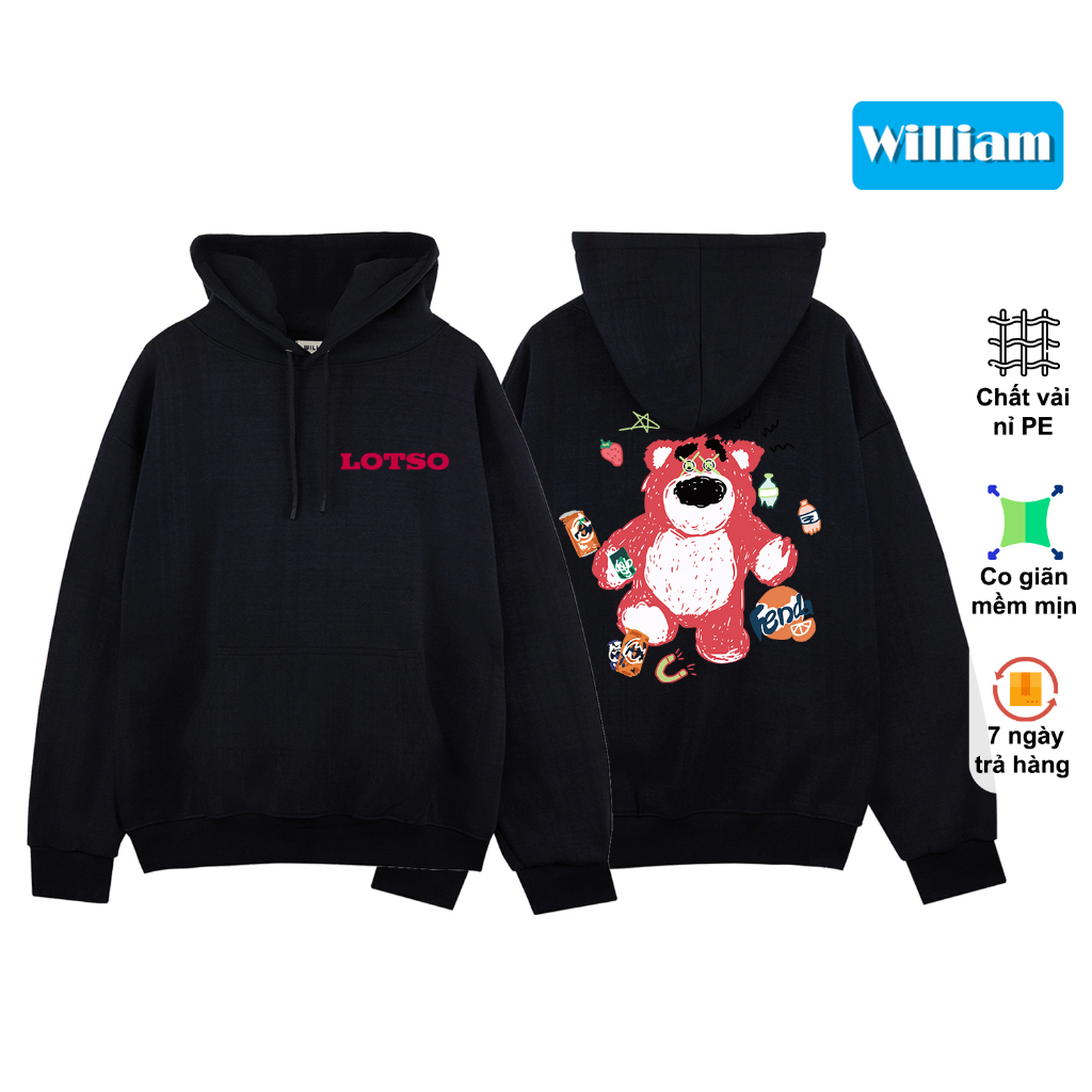 Áo hoodie nam nữ nỉ bông form rộng in hình gấu dễ thương, áo khoác nỉ chui đầu William - DS272
