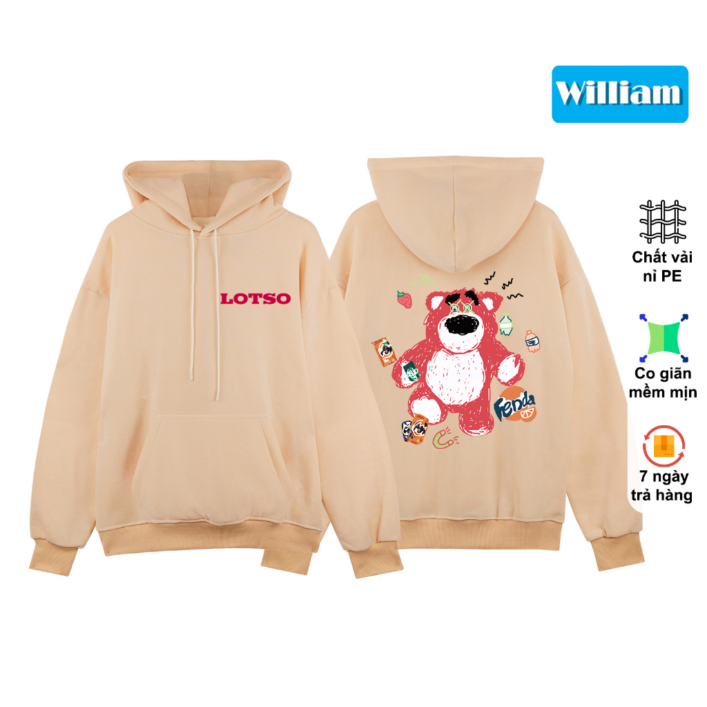 Áo hoodie nam nữ nỉ bông form rộng in hình gấu dễ thương, áo khoác nỉ chui đầu William - DS272