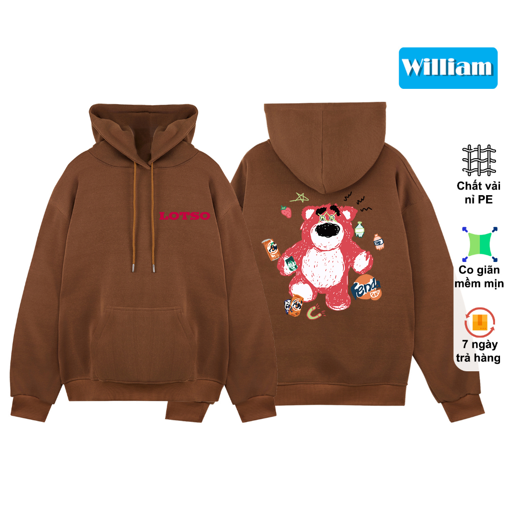 Áo hoodie nam nữ nỉ bông form rộng in hình gấu dễ thương, áo khoác nỉ chui đầu William - DS272