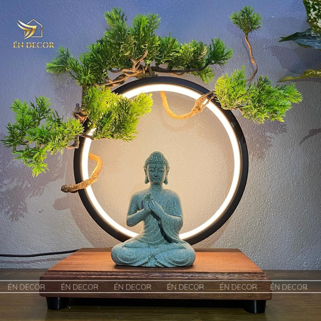 Tượng Phật A Di Đà mini tiểu cảnh ÉN DECOR tượng đá cát kèm kệ đèn led decor trang trí nhà cửa,bể cá, tiểu cảnh bon