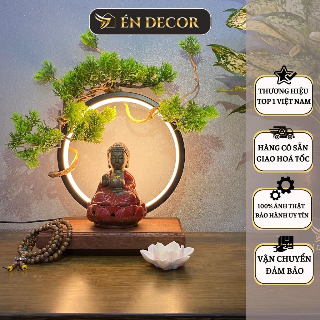 Tượng Phật A Di Đà mini tiểu cảnh ÉN DECOR gốm tử sa kèm kệ đèn led decor trang trí nhà cửa, phong thuỷ an nhiên