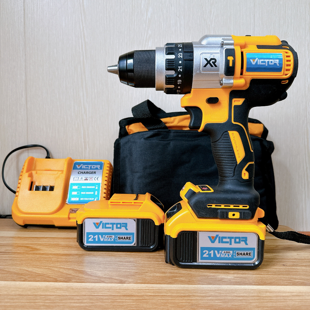 Máy Khoan Pin Victor Đầu Kẹp 13mm Động Cơ Không Chổi Than Tặng Kèm Bộ Phụ Kiện 24 Chi tiết