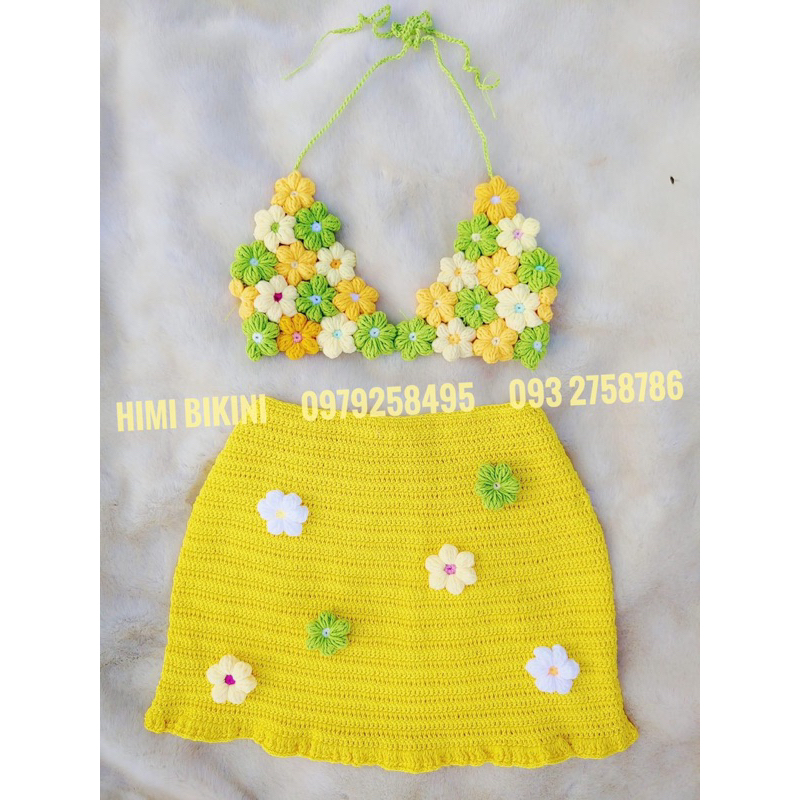 SET LEN HOA CHÂN VÁY LƯỚI PHỐI MÀU SIÊU ĐẸP HANDMADE , crochet