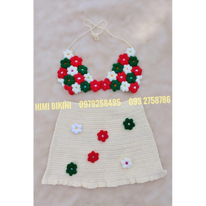 SET LEN HOA CHÂN VÁY LƯỚI PHỐI MÀU SIÊU ĐẸP HANDMADE , crochet