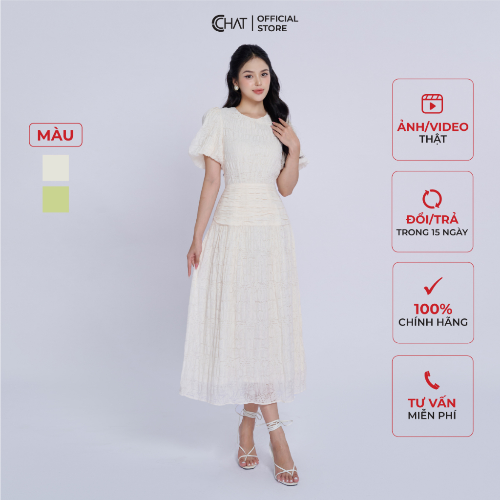 Đầm Nữ 𝐂𝐂𝐇𝐀𝐓 Kiểu Cổ Tròn Nhún Eo Dáng Xòe Chất Voan Cao Cấp Bay Bổng 13VNV2018XT