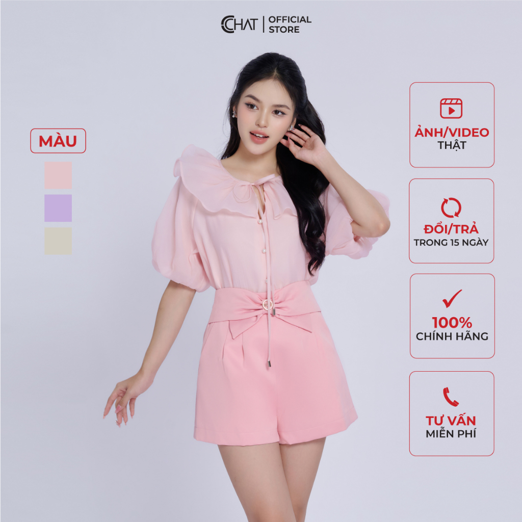 Áo Sơ Mi Nữ 𝐂𝐂𝐇𝐀𝐓 Kiểu Cổ Bèo Nơ Dây Dáng Suông Chất Voan Bay Bổng 13FNV2017ST