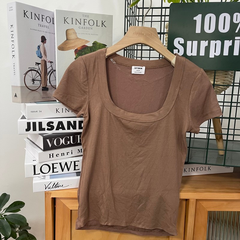Áo thun nữ cotton cổ chữ U, thun gân lạnh mỏng mặc mát, hàng xuất xịn