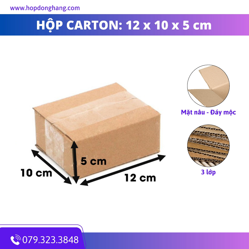 12x10x5 combo 100 Hộp Carton Đóng Hàng Hộp Ship COD 3 Lớp sóng E Mặt Nâu