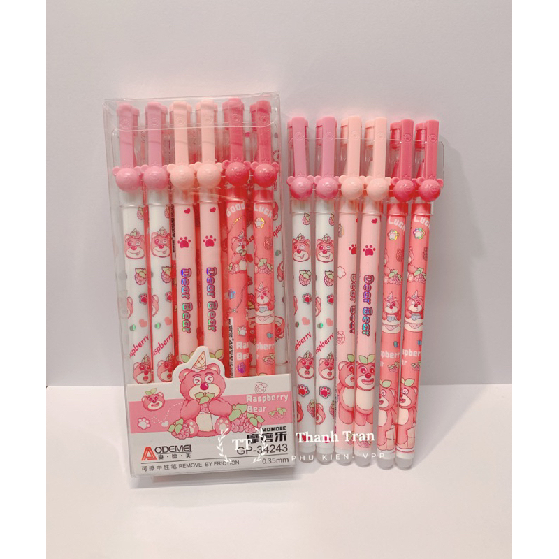 Hộp 12 cây bút gel xoá được hình gấu dâu lotso mực xanh, tím