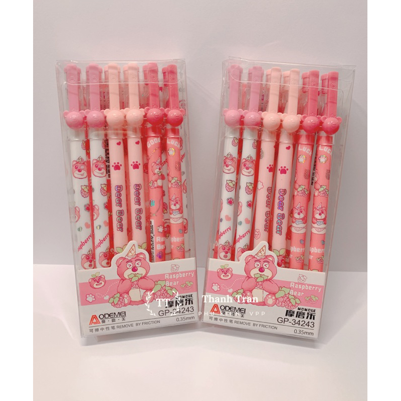 Hộp 12 cây bút gel xoá được hình gấu dâu lotso mực xanh, tím