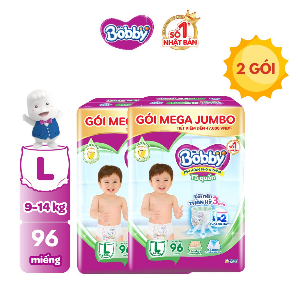 Combo 2 tã quần Bobby Lõi nén thần kỳ 3mm Gạo non Mega Jumbo M112/L96/XL84/XXL76