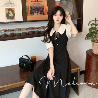 Đầm đen ngắn tay cổ sơ mi đính nơ khuy có khóa kéo tiểu thư phong cách Hàn Quốc